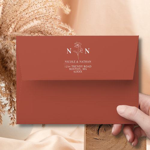 Boho Flower Monogram Terracotta Wedding Envelope