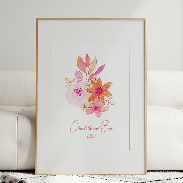 Boho Flower Pink Watercolor Personalized Wedding Poster (Creator Uploaded)