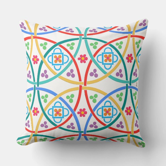 Boho Flower Power on White Throw Pillow (Front)