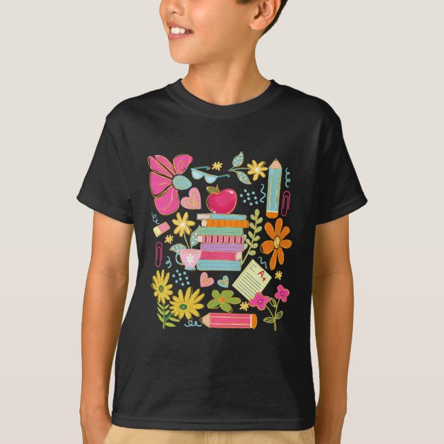 Boho Flower Teacher Book Apple Pencil Funny Back T T-Shirt (Front)