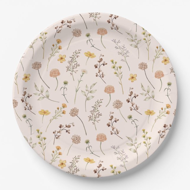 Boho Flower Watercolor Wildflower Paper Plates (Front)
