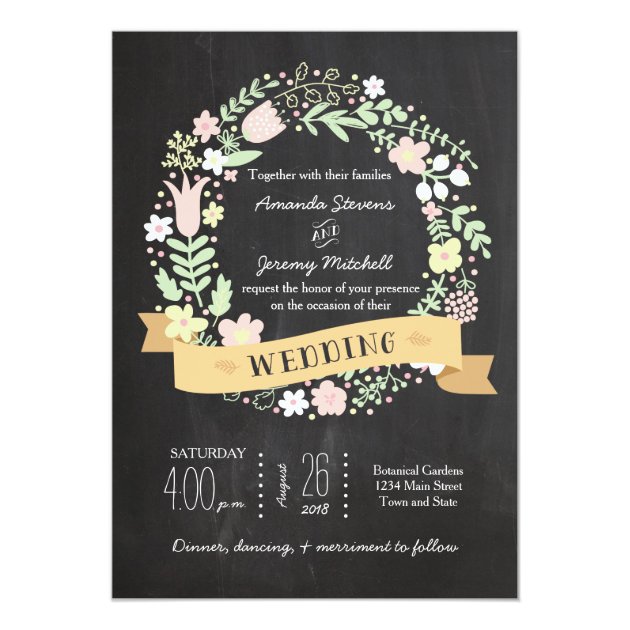Boho Flower Wreath Rustic Chalkboard Wedding Invitation