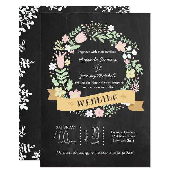 161123224357233773 Boho Flower Wreath Rustic Chalkboard Wedding Invitation