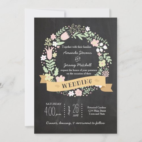 Whimsical Floral Wreath Chalkboard Wedding Personalized Announcement