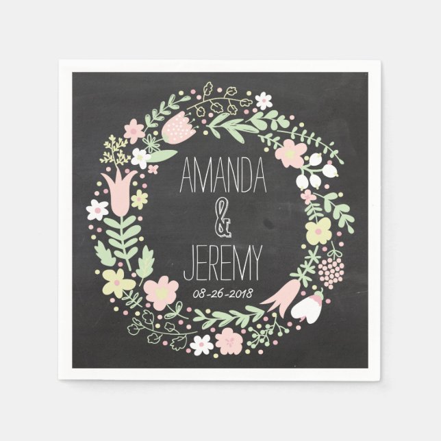 Boho Flower Wreath Rustic Chalkboard Wedding Paper Napkins (Front)