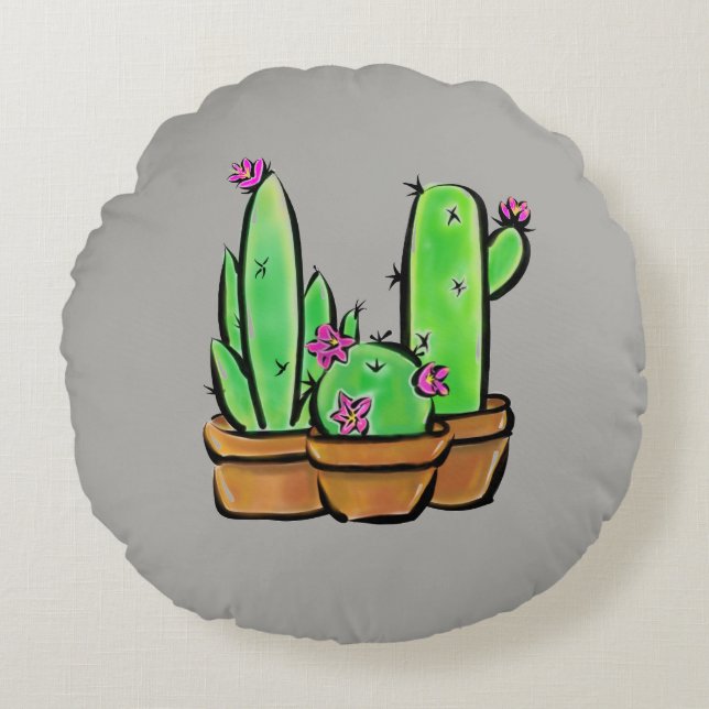 Boho flowering Cactus cacti succulents  Round Pillow (Front)