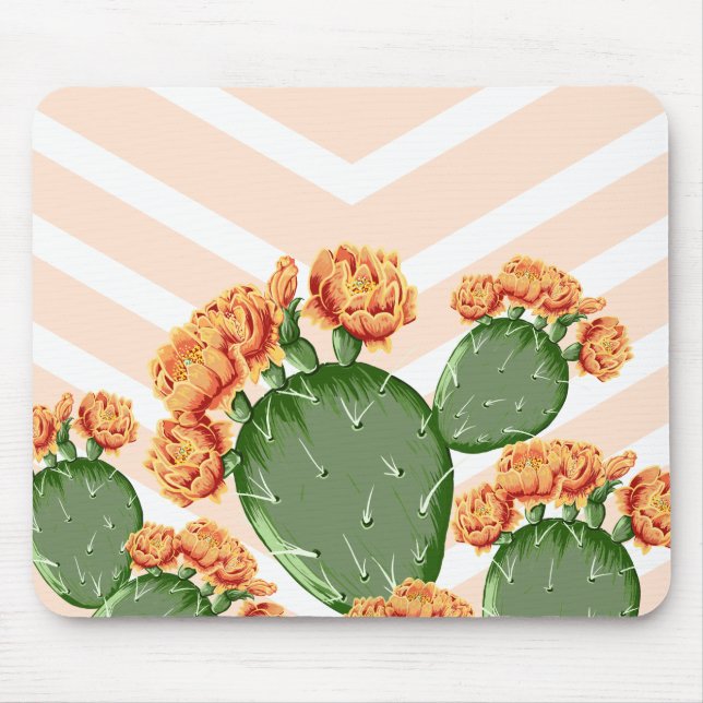 Boho Flowering Prickly Pear Cactus & Chevrons Mouse Pad (Front)