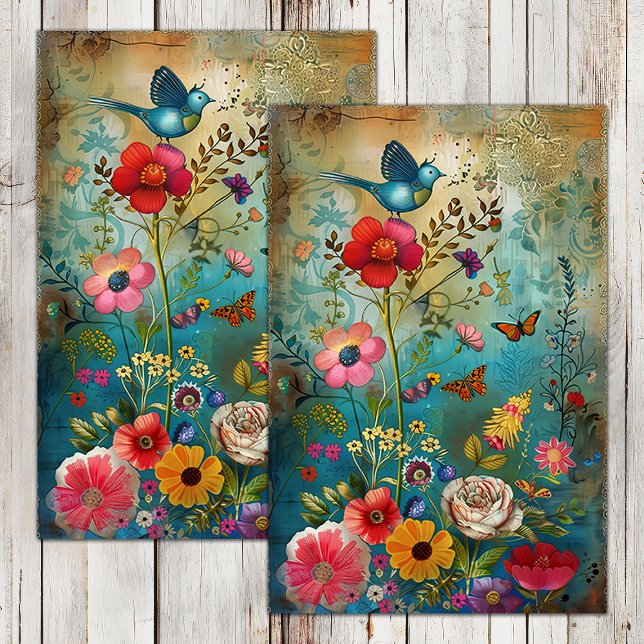 BOHO FLOWERS AND BIRD DECOUPAGE TISSUE PAPER (BOHO FLOWERS AND BIRD DECOUPAGE TISSUE PAPER)