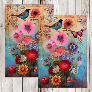BOHO FLOWERS AND BIRD DECOUPAGE TISSUE PAPER