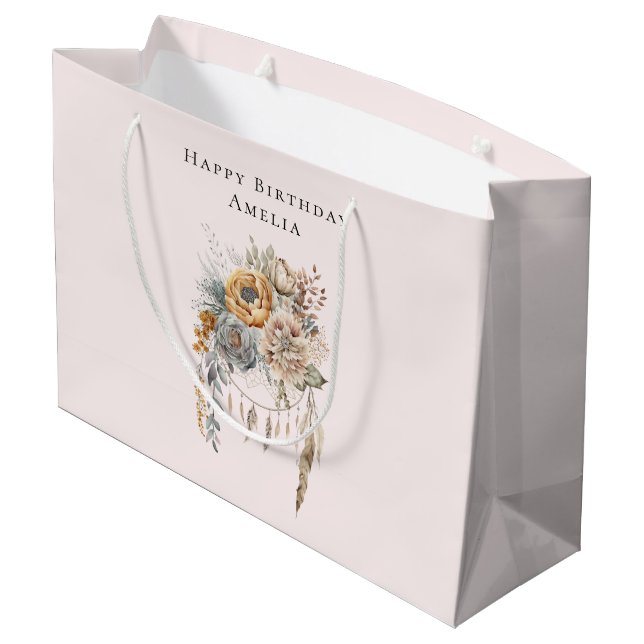 Boho Flowers and Dreamcatcher - Birthday Large Gift Bag (Back Angled)