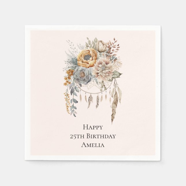 Boho Flowers and Dreamcatcher - Birthday Napkins (Front)