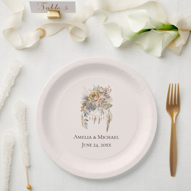Boho Flowers and Dreamcatcher - Wedding Paper Plates (Wedding)