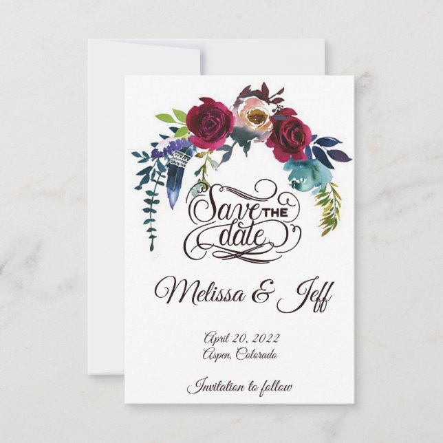 Boho flowers and feather save the date (Front)