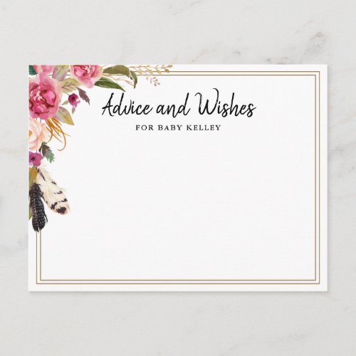 Boho  Flowers and Feathers Baby Shower Advice Card