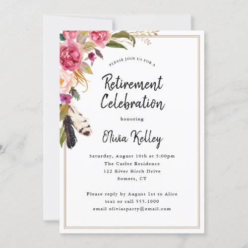 Boho Flowers and Feathers Rustic Retirement Party Invitation