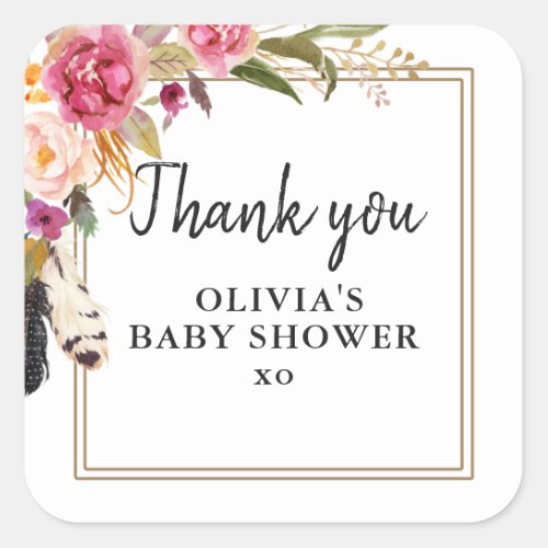 Boho Flowers and Feathers Rustic Thank you Square Sticker