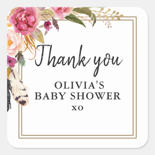 Boho Flowers and Feathers Rustic Thank you Square Sticker (Front)
