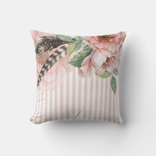 Boho Flowers and Feathers Throw Pillow