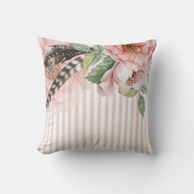 Boho Flowers and Feathers Throw Pillow (Front)