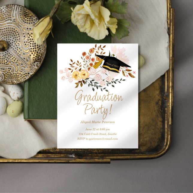 Boho Flowers and Graduation Cap Party Invitation (Creator Uploaded)