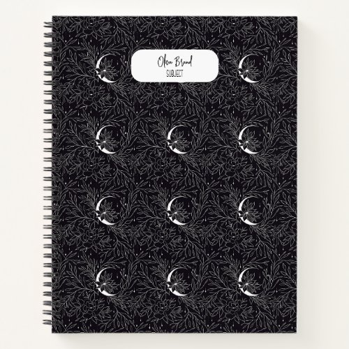 Boho Flowers and Moon Black and White Pattern Notebook