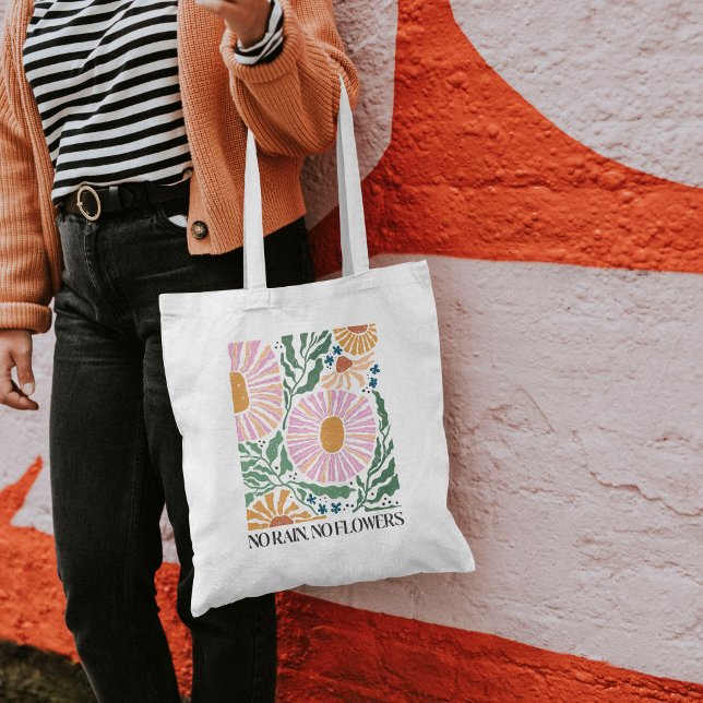 Boho Flowers and Quote No Rain No Flower Tote Bag (Creator Uploaded)