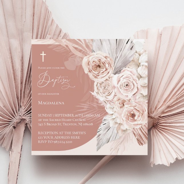 boho flowers arch design Baptism small size Invitation (Creator Uploaded)