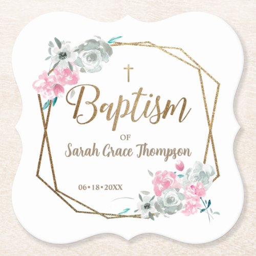 Boho flowers Baby girl name gold cross baptism Paper Coaster