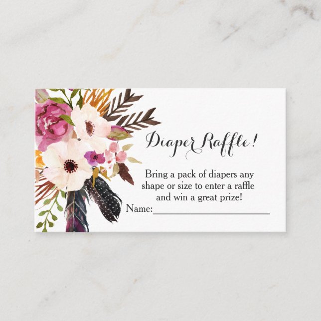 Boho flowers baby shower  diaper raffle cards (Front)
