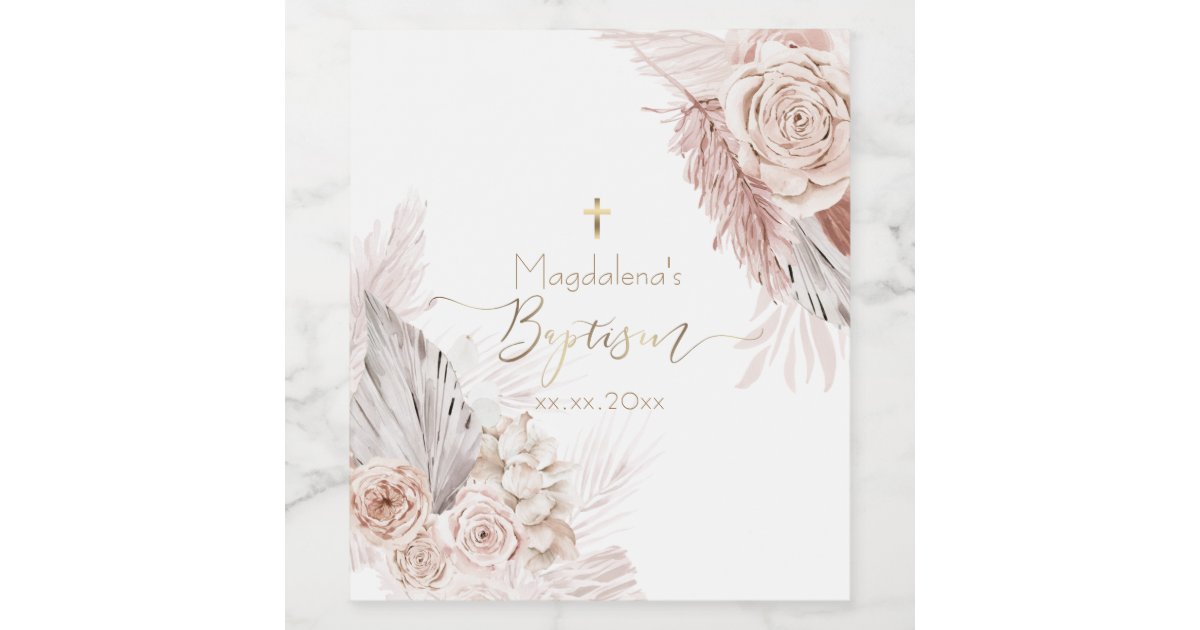 Boho Flowers Baptism Wine Label 