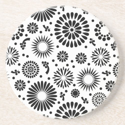 Boho flowers Black and White vector floral pattern Drink Coaster