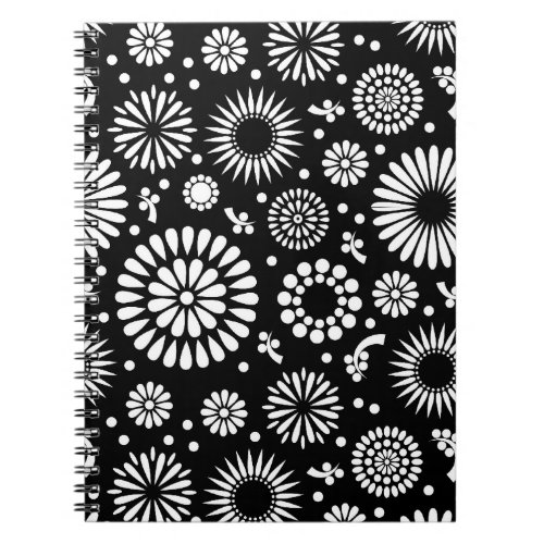 Boho flowers Black and White vector floral pattern Notebook