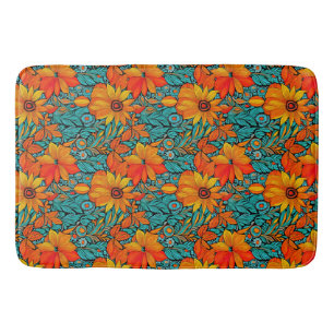 Boho Flowers Blue and Orange Bath Mat
