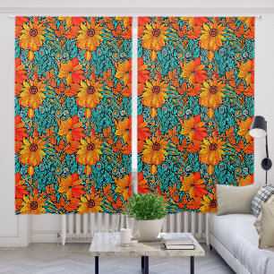 Boho Flowers Blue and Orange Blackout Curtains