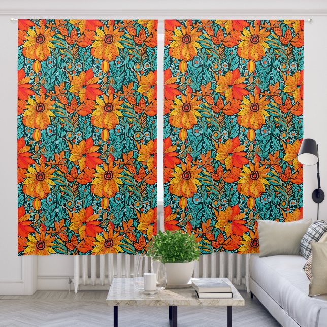 Boho Flowers Blue and Orange  Blackout Curtains (Living Room)