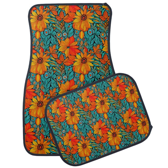 Boho Flowers Blue and Orange  Car Floor Mat (Set)