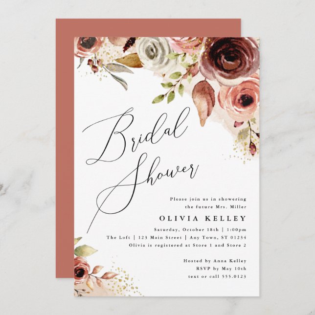 Boho Flowers Bridal Shower Earthy Watercolor Invitation (Front/Back)