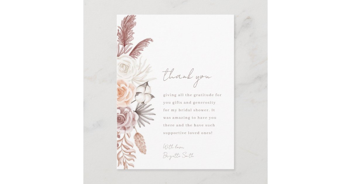 Boho flowers bridal shower thank you card | Zazzle