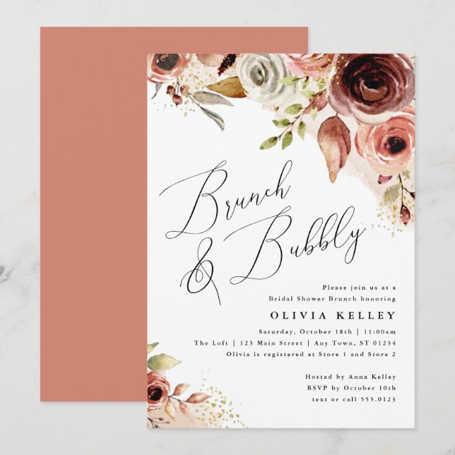 Boho Flowers Brunch & Bubbly Earthy Bridal Shower  Invitation (Front/Back)