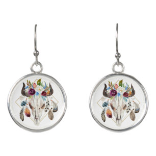 Boho flowers bull skull earrings