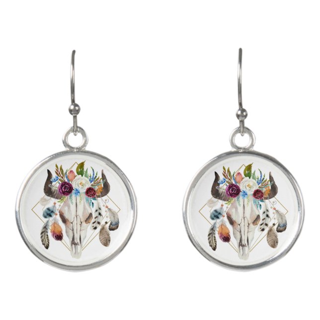 Boho flowers bull skull earrings (Front)