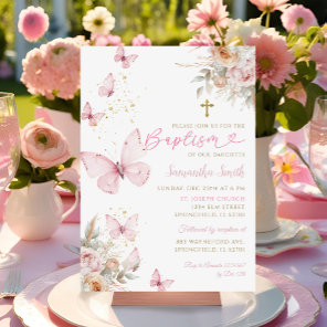 Boho Flowers Butterflies Minimalist Baptism Girl Invitation