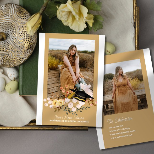 Boho Flowers & Cap Graduation Photo Invitation (Creator Uploaded)