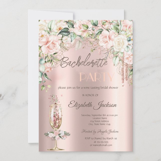 Boho Flowers Champagne Glass Bachelorette Party  Invitation (Front)