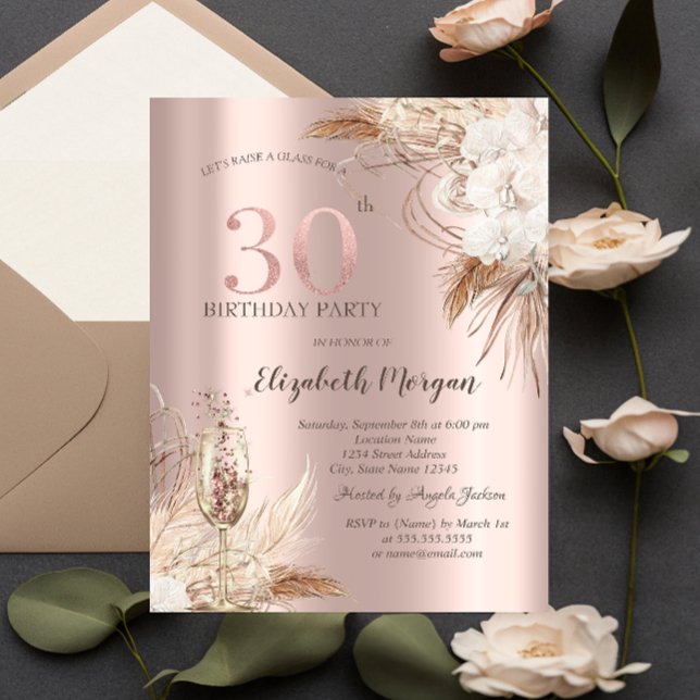 Boho Flowers,Champagne Glass,Rose Gold 30th Invitation (Creator Uploaded)