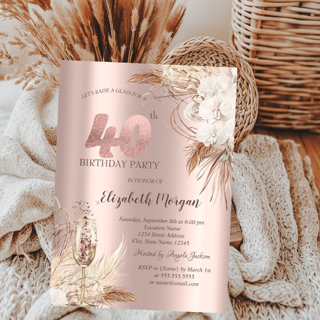 Boho Flowers,Champagne Glass,Rose Gold 40th Invitation (Creator Uploaded)