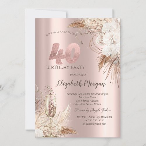 Boho FlowersChampagne GlassRose Gold 40th Invitation