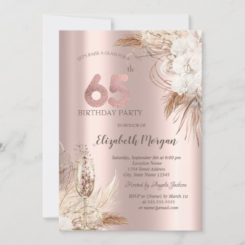 Boho FlowersChampagne GlassRose Gold 65th Invitation