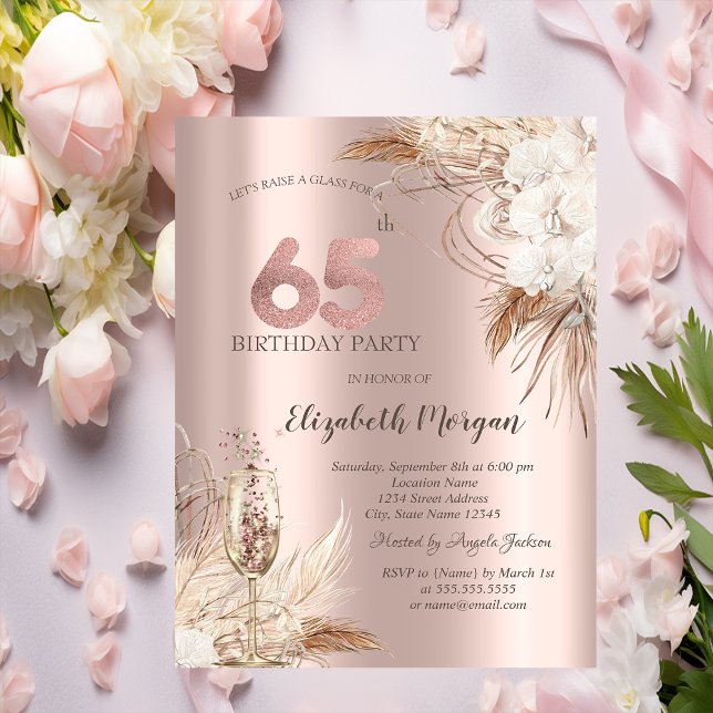 Boho Flowers,Champagne Glass,Rose Gold 65th Invitation (Creator Uploaded)