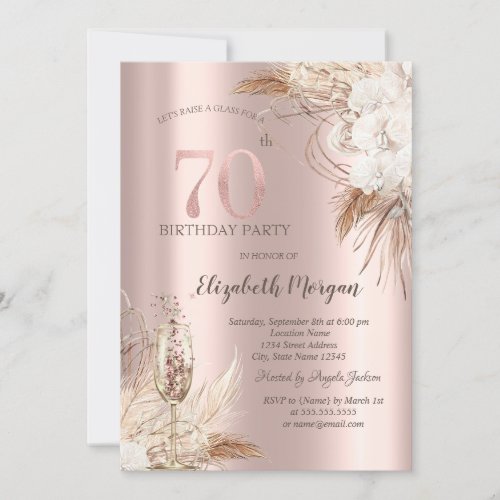 Boho FlowersChampagne GlassRose Gold 70th Invitation